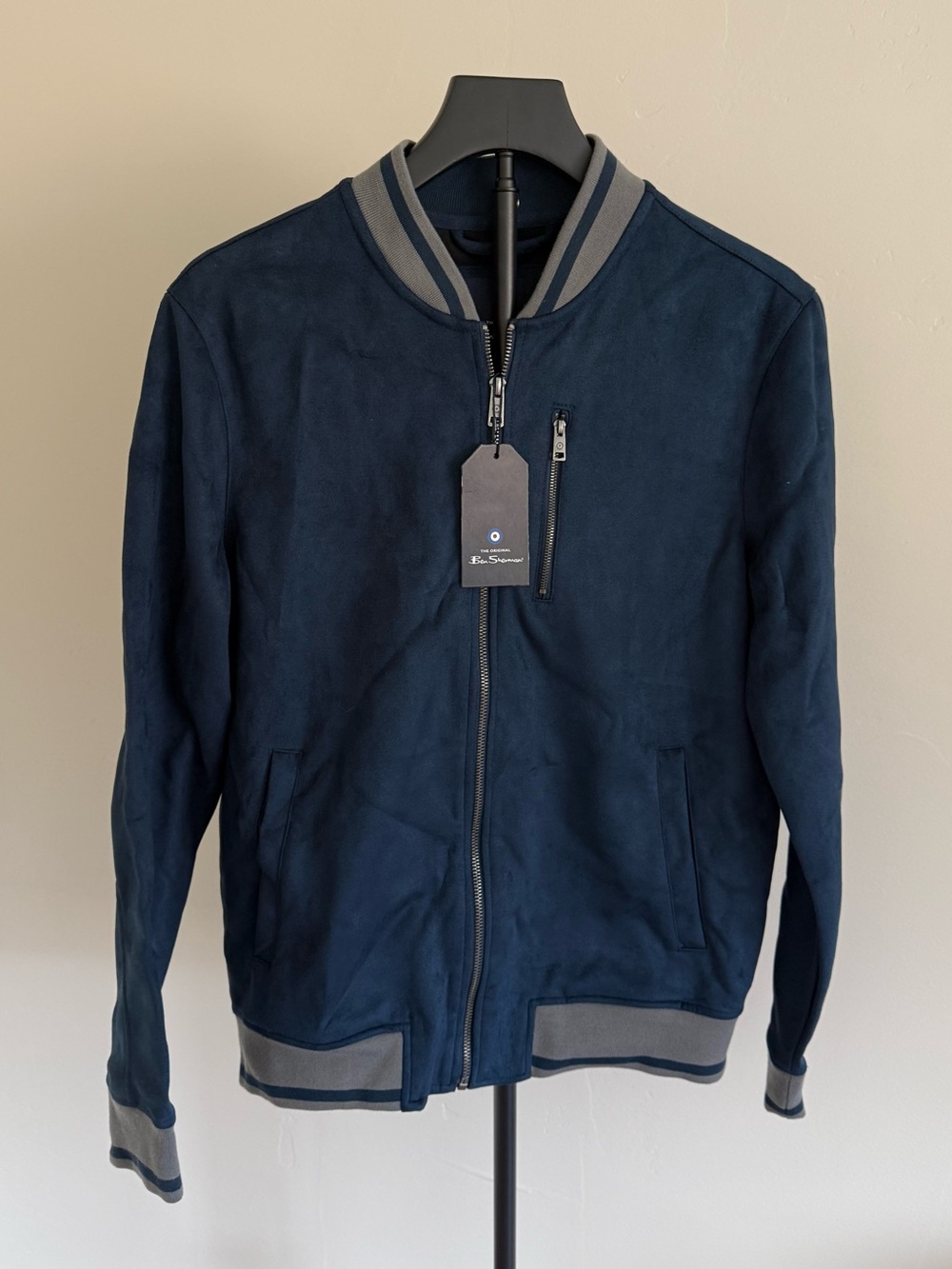 Ben Sherman Navy faux Suede Bomber Jacket with Gray Trim size S